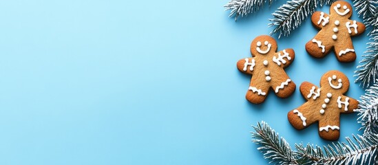 Poster - Gingerbread cookies on blue background with pine branches and copy space for holiday themes and decorations