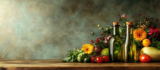 Aufkleber - Still life composition of assorted fresh vegetables and fruits with olive oil bottles, rustic wooden table, botanical elements, Copy Space.