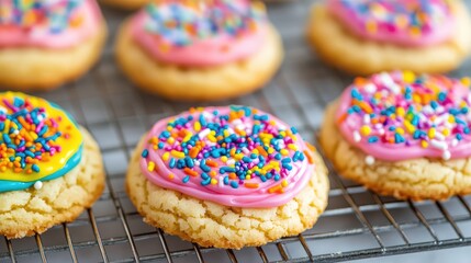 Poster - Colorful frosted sugar cookies with rainbow sprinkles displayed on a cooling rack against a blurred background Copy Space