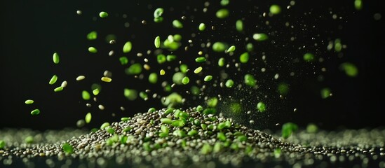 Poster - Green seeds or legumes scattering over a dark background with Copy Space for text placement.