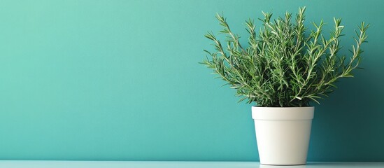 Poster - Potted herb plant on a teal wall background with ample copy space for text placement