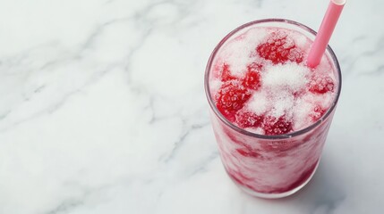 Poster - Refreshing raspberry soda in a glass with pink straw on a marble surface with copy space for text.