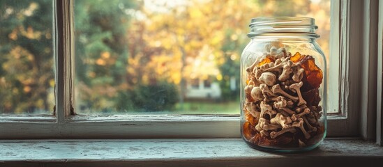 Poster - Glass jar filled with assorted dried mushrooms placed on a windowsill against an autumn landscape with soft natural light and copy space