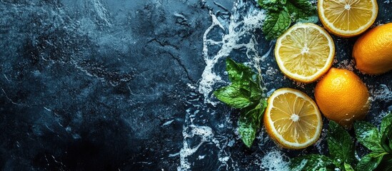 Poster - Fresh lemons with sliced pieces and mint leaves on a dark stone background with water splash Copy Space