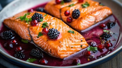 Poster - Grilled salmon fillet with blackberry and cranberry sauce served on a plate with garnish Copy Space