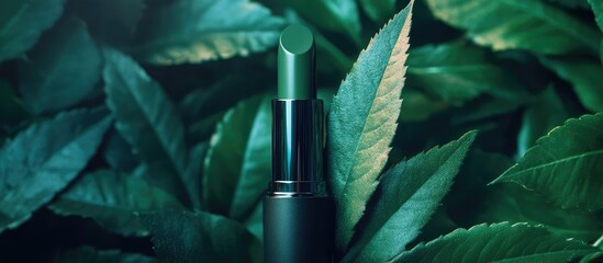 Poster - Green lipstick packaging placed among lush green leaves on a dark background with Copy Space for text placement