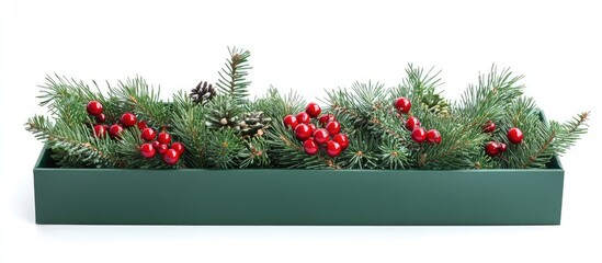Poster - Festive green planter box with evergreen foliage red berries and pinecones on white background with Copy Space