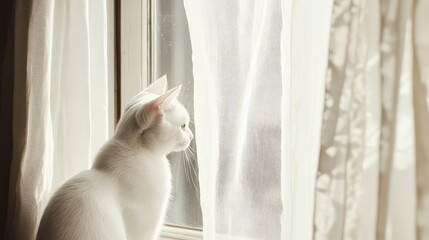Poster - White cat sitting by the window looking out through sheer curtains with soft natural light and copy space