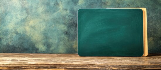Poster - Chalkboard against a textured wall with wood surface and copy space for educational or advertising purposes