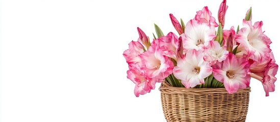 Aufkleber - Pink and white gladiolus flowers in a wicker basket isolated on white background with copy space