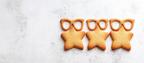 Poster - Gingerbread star cookies decorated with glasses on white marble background with Copy Space