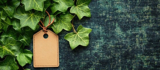 Poster - Blank brown tag on a textured dark blue background surrounded by green ivy leaves with Copy Space for text insertion