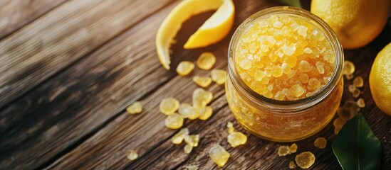 Poster - Honey jar with lemon slices and zest on wooden table with copy space for text. Fresh and organic food concept.