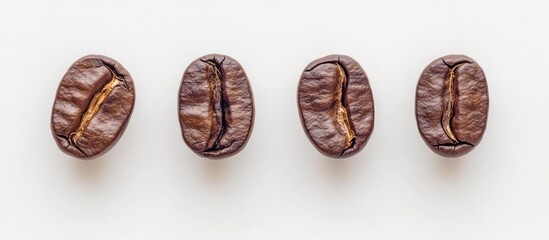 Poster - Close-up of four roasted coffee beans on white background with Copy Space for text placement