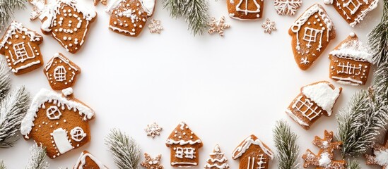 Poster - Gingerbread cookies shaped as houses and festive decorations arranged in a heart shape with Copy Space for text on a white background
