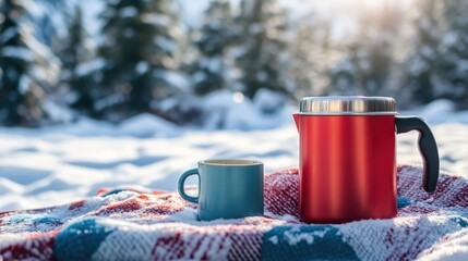 Poster - Red thermos and blue cup on a snow-covered blanket in winter forest with soft sunlight and blurred trees in background Copy Space