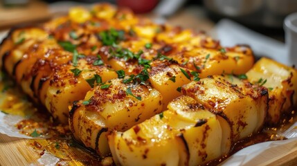 Poster - Grilled golden brown potatoes garnished with fresh herbs on a wooden surface with Copy Space