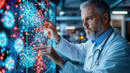 Poster - doctor analyzing data on digital screen, showcasing advanced technology in healthcare. scene highlights integration of science and medicine, emphasizing innovation and research
