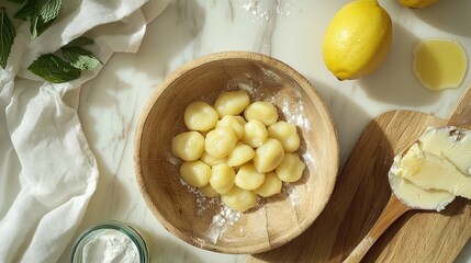 Poster - Freshly made gnocchi in a wooden bowl surrounded by lemons, a jar of flour, and a spoon with butter on a marble countertop with copy space.