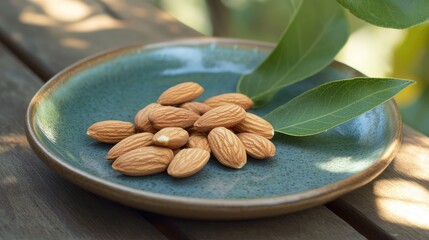 Aufkleber - Almonds on green ceramic plate with leaves on wooden surface Copy Space