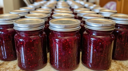 Poster - Rows of glass jars filled with homemade raspberry jam on a countertop with blurred background Copy Space