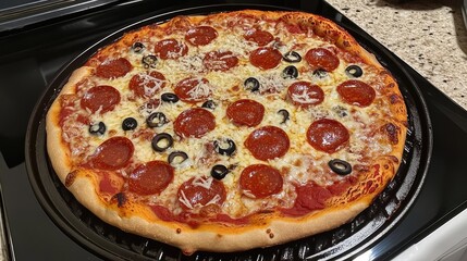 Aufkleber - Pepperoni pizza with black olives on a baking tray in a kitchen setting featuring Copy Space for text insertion