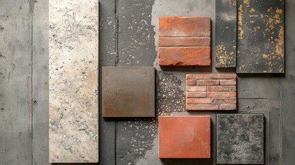Poster - Textured wall materials displayed on a concrete surface with various colors and finishes including bricks and tiles with Copy Space