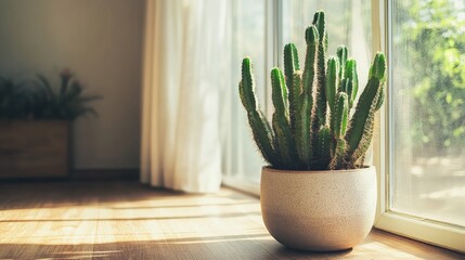 Poster - Cactus plant in a modern ceramic pot near large window with natural light and wooden floor Copy Space