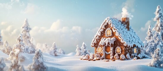 Poster - Snow-covered cozy cottage in winter landscape with trees and clear sky Copy Space