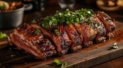 Poster - Cooked meatloaf with herbs displayed on a wooden cutting board with garnish and rustic background Copy Space