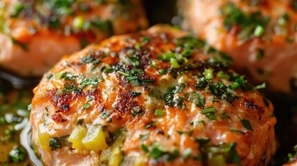 Aufkleber - Grilled salmon patties garnished with herbs and spices on a dark plate with Copy Space for text.