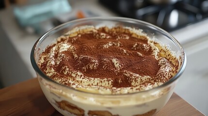 Poster - Layered dessert in glass bowl with cocoa powder on top featuring creamy texture and biscuit base with blurred kitchen background Copy Space
