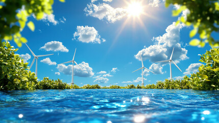 Fototapete - serene landscape featuring wind turbines, clear blue water, and lush greenery under bright sun. This captures essence of renewable energy and nature beauty