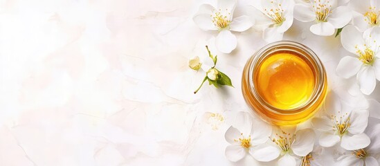 Poster - Glass jar of honey surrounded by white flowers on a light background with copy space for text