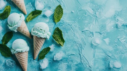 Aufkleber - Mint ice cream cones on a turquoise background with fresh mint leaves and ice cubes Copy Space