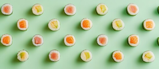 Aufkleber - Colorful sushi rolls arranged in a neat pattern on a green background with Copy Space for text placement