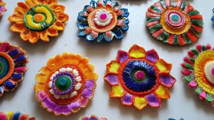 Poster - Colorful handmade floral decorations with intricate embroidery patterns arranged neatly on a white background Copy Space