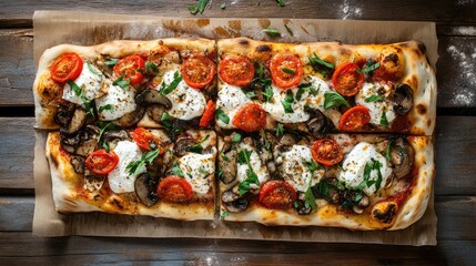 Poster - Freshly baked pizza with mozzarella, cherry tomatoes, mushrooms, and basil on wooden table with copy space.