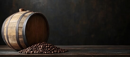 Poster - Wooden barrel with spilled coffee beans on rustic wooden table, dark background with copy space for text