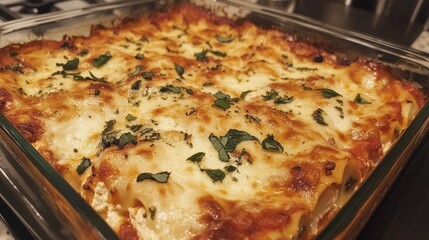 Aufkleber - Baked pasta dish with melted cheese and fresh herbs in glass baking dish on kitchen counter with copy space