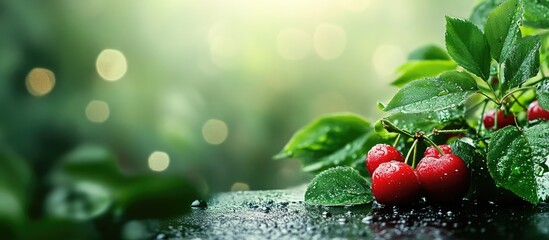 Poster - Fresh red cherries on wet green leaves with blurred background and bokeh effect Copy Space