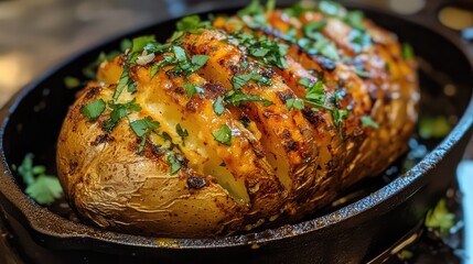 Poster - Baked potato with herbs and cheese in cast iron skillet on rustic background with Copy Space