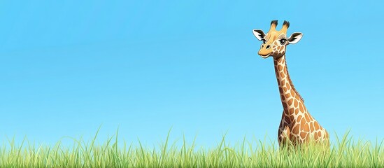 Poster - Giraffe standing in a green grass field against a clear blue sky with ample copy space for text