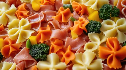 Poster - Colorful pasta varieties with vegetables, close-up view, Copy Space for text placement