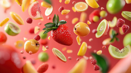 Poster - Fresh fruits flying in vibrant display, showcasing strawberries, lemons, and more, creating colorful and dynamic scene that evokes sense of health and vitality