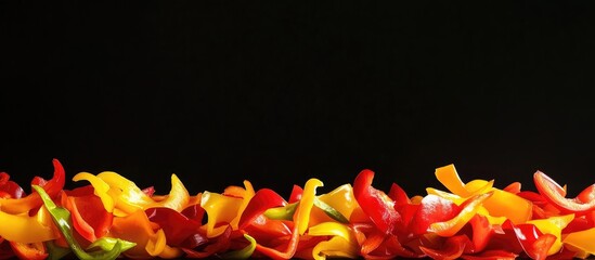 Poster - Colorful strips of sliced bell peppers in red, yellow, and green on a black background with Copy Space for text placement