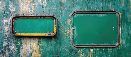 Leinwandbilder - Green weathered wooden background with two empty rectangular frames for text or images Copy Space