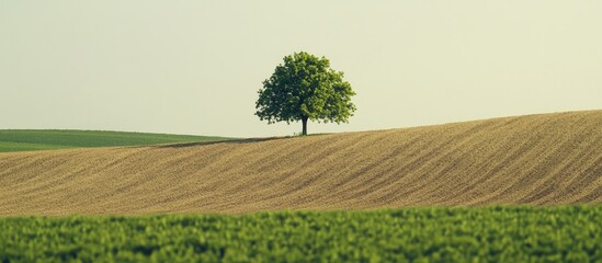 Poster - Solitary tree on a gently rolling hillside with agricultural fields in the foreground and a clear sky Copy Space
