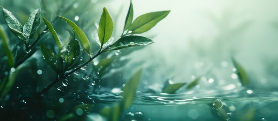 Poster - Lush green leaves emerging from soft mist above water surface with droplets Copy Space