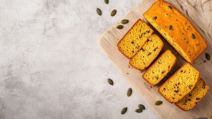 Poster - Sliced pumpkin bread with pumpkin seeds on wooden board with grey background and copy space for text